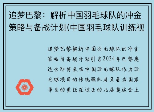 追梦巴黎：解析中国羽毛球队的冲金策略与备战计划(中国羽毛球队训练视频)