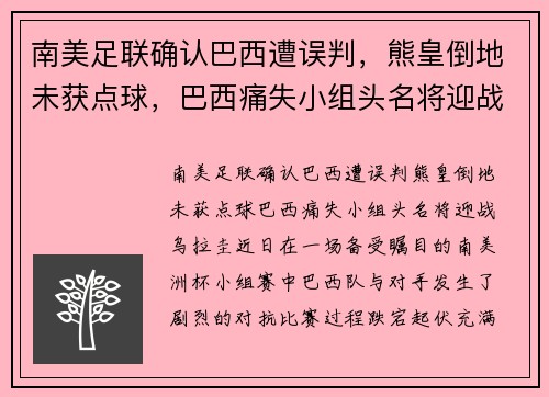 南美足联确认巴西遭误判，熊皇倒地未获点球，巴西痛失小组头名将迎战乌拉圭