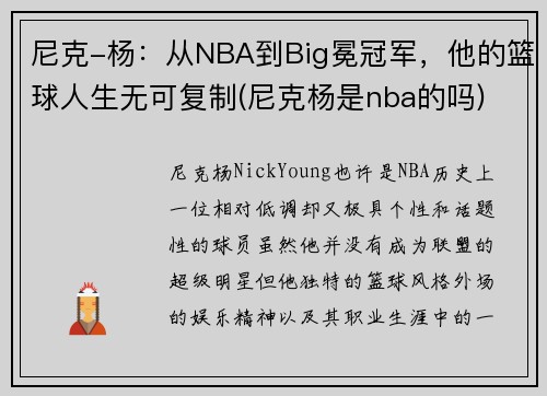 尼克-杨：从NBA到Big冕冠军，他的篮球人生无可复制(尼克杨是nba的吗)